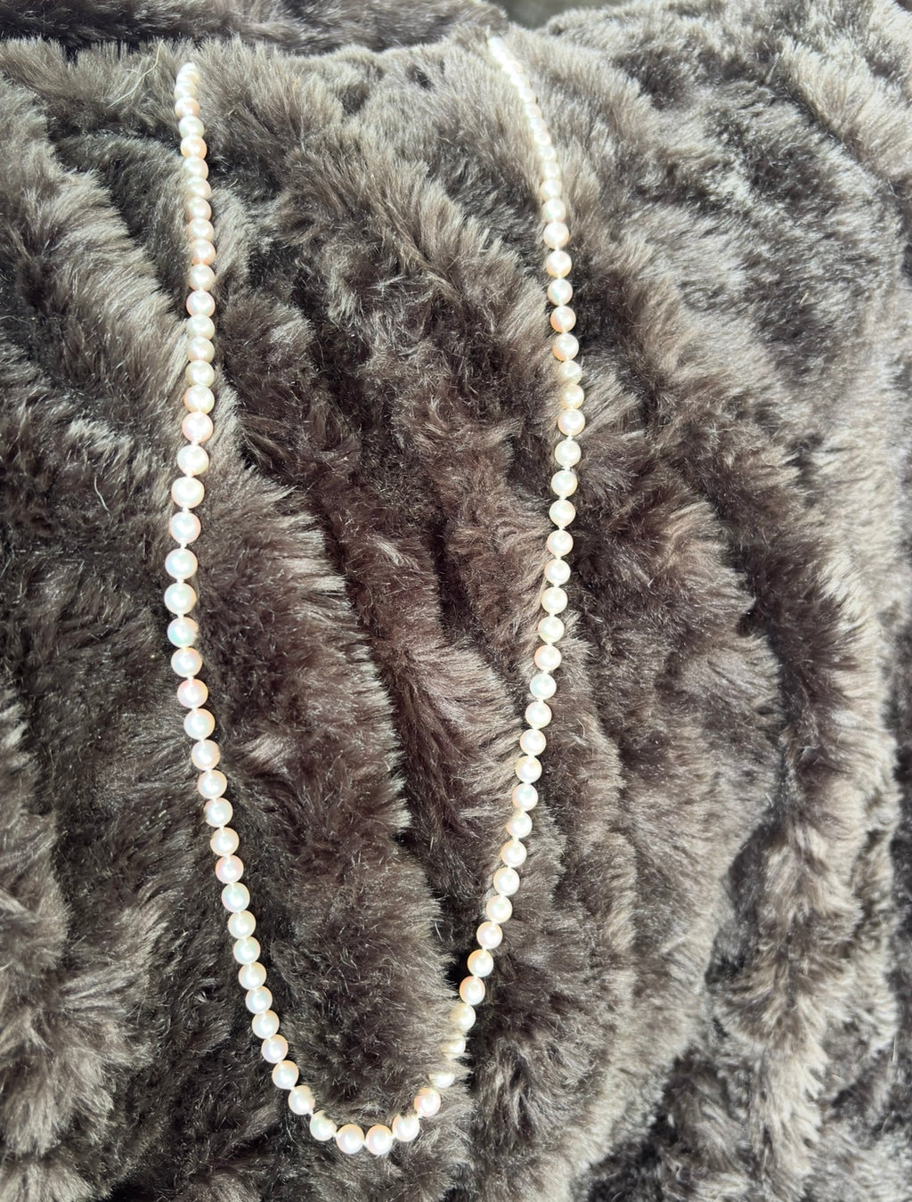 Akoya Cultured Pearl Long Necklace, 45cm (90cm overall) Opera Length, 7.1–7.3mm 120-125 pearls, White Strand with pink overtones