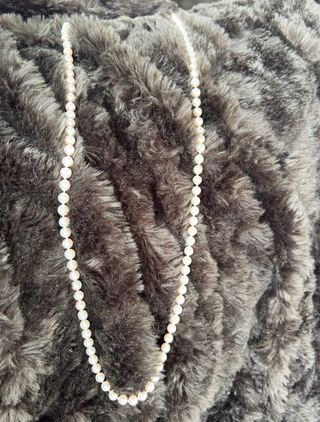 Akoya Cultured Pearl Long Necklace, 45cm (90cm overall) Opera Length, 7.1–7.3mm 120-125 pearls, White Strand with pink overtones