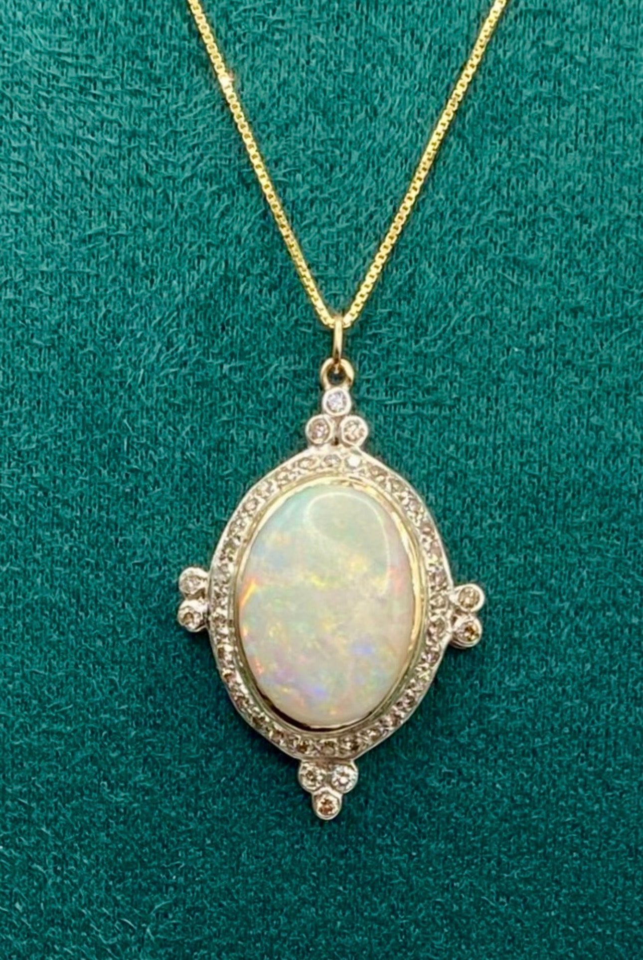 Vintage Edwardian Revival Opal and Diamond Pendant Necklace in 18K Gold with 18K Chain