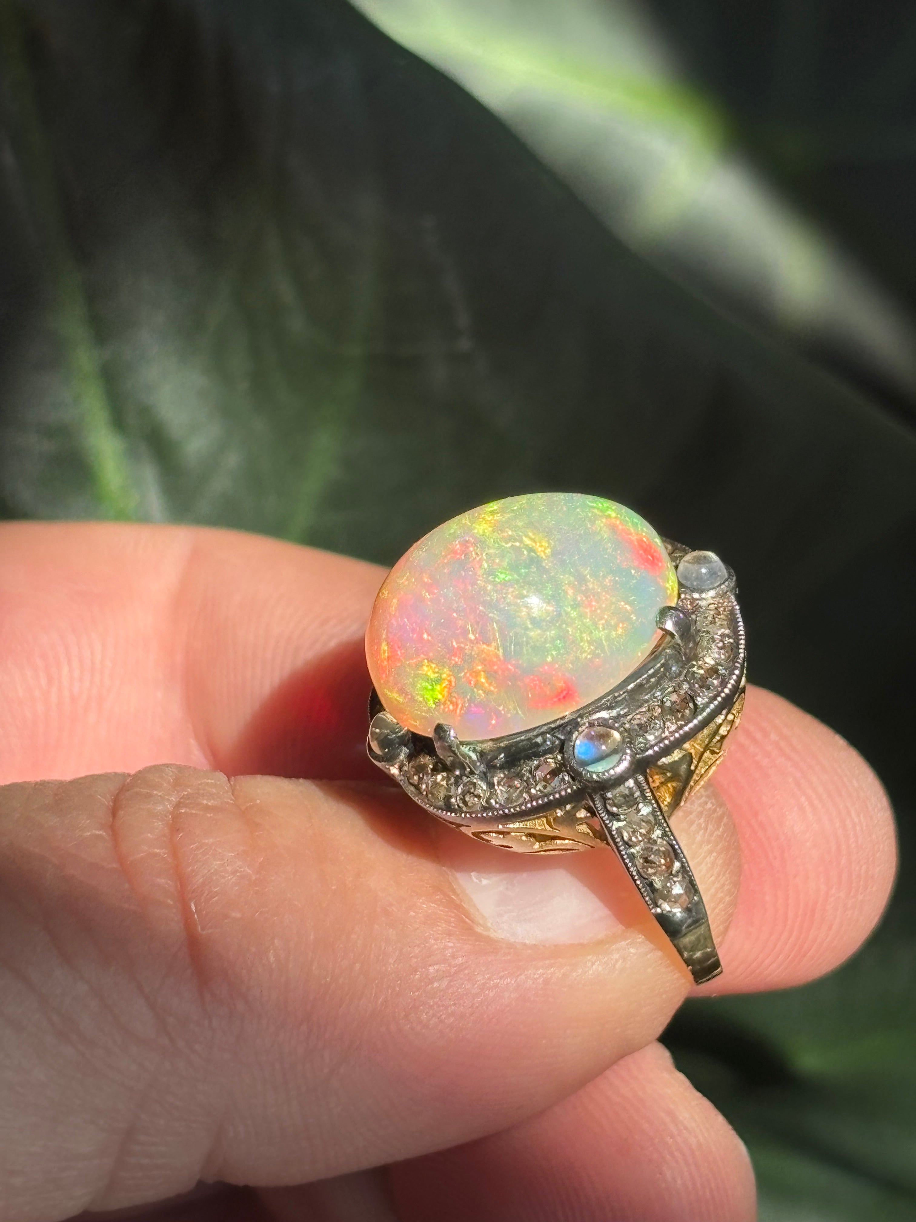 Late Victorian Certified 13.5 Carat Precious Opal Diamond Cluster Ring