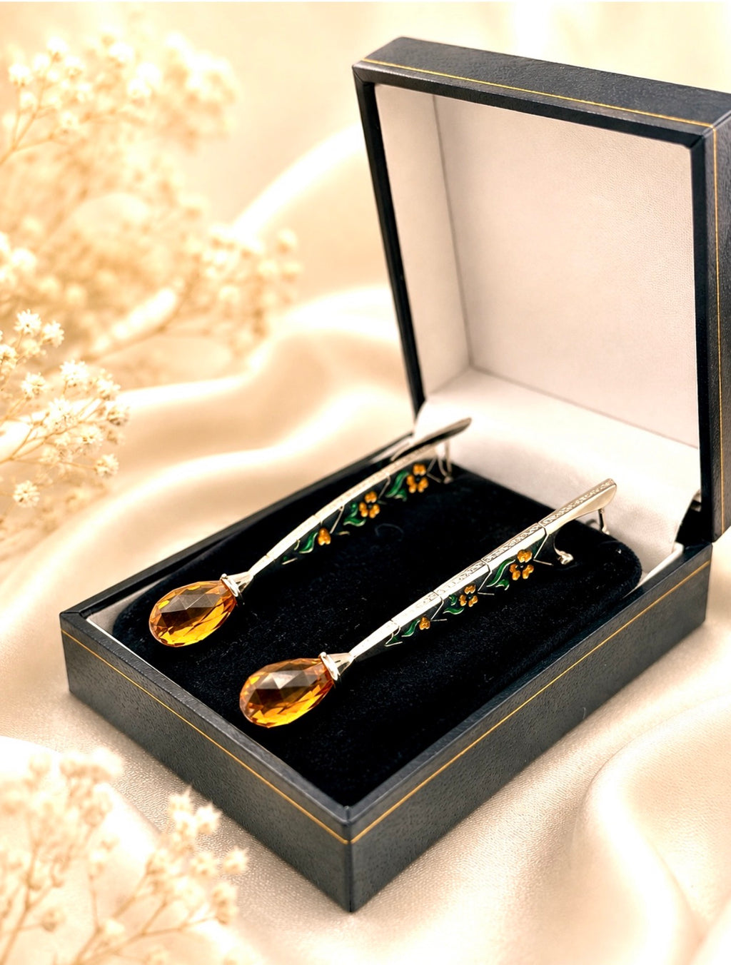 Long Architectural 18K Gold Citrine Briolette Diamond and Enamel Drop Earrings