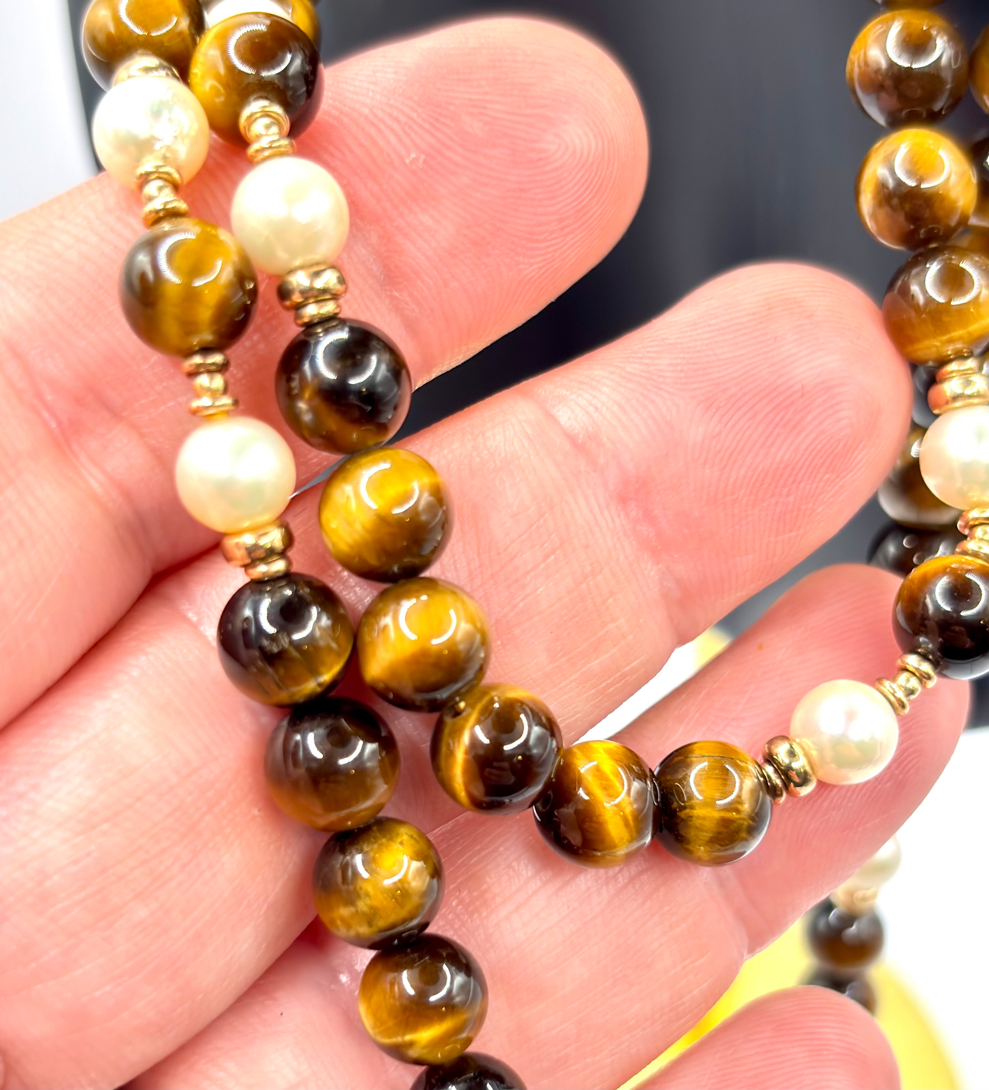 Vintage 90cm Long Tiger’s Eye, Pearl and Gold Continuous Bead Necklace