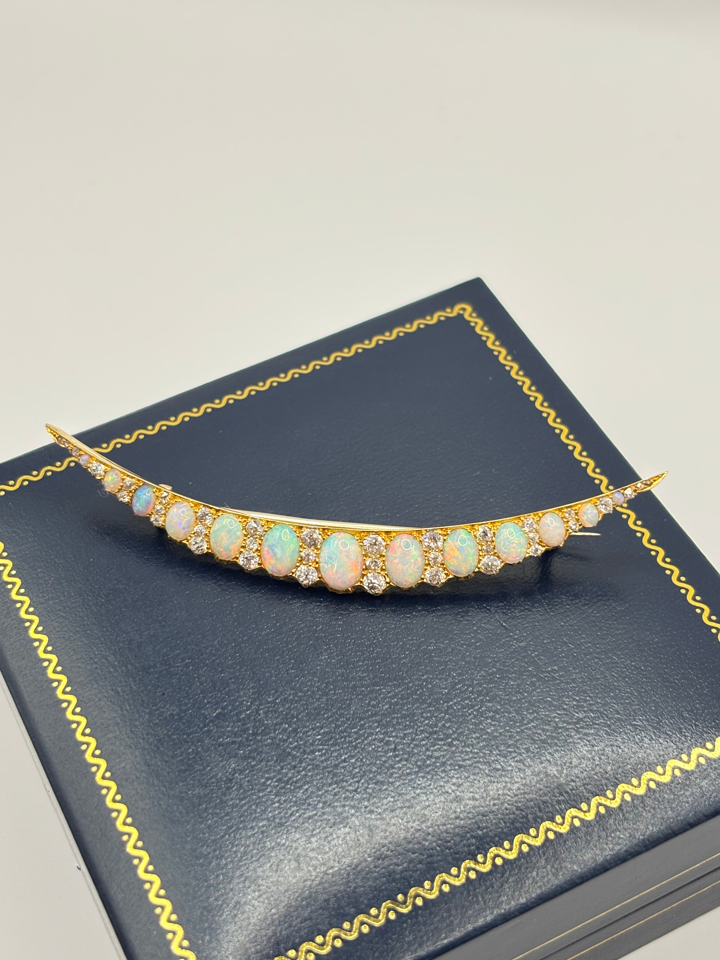 Edwardian 18K Gold Opal & Old Mine Cut Diamond Crescent Brooch, circa 1900