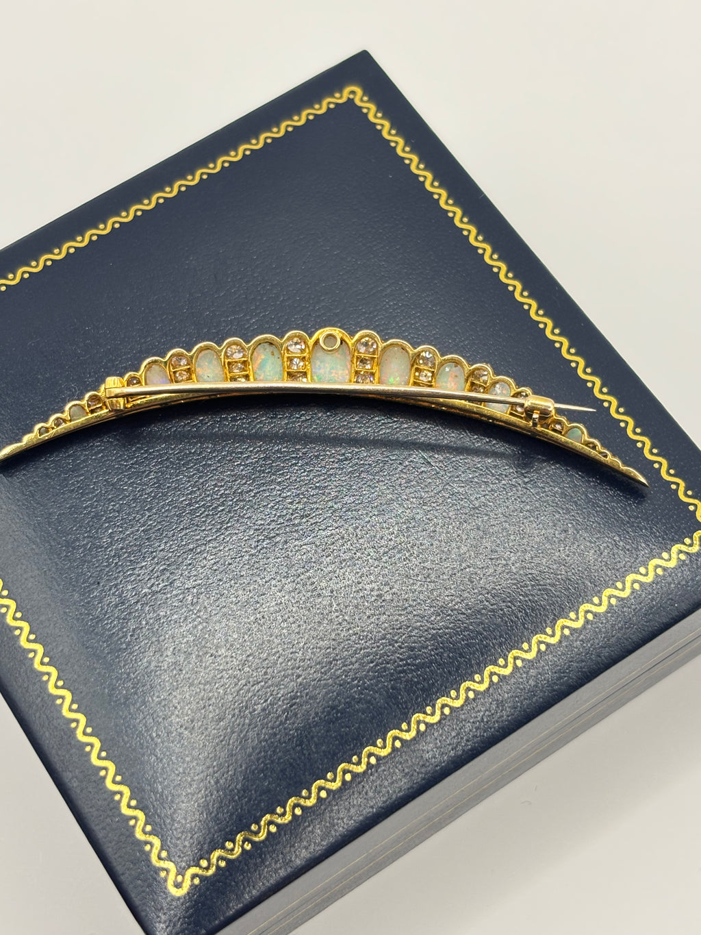 Edwardian 18K Gold Opal & Old Mine Cut Diamond Crescent Brooch, circa 1900