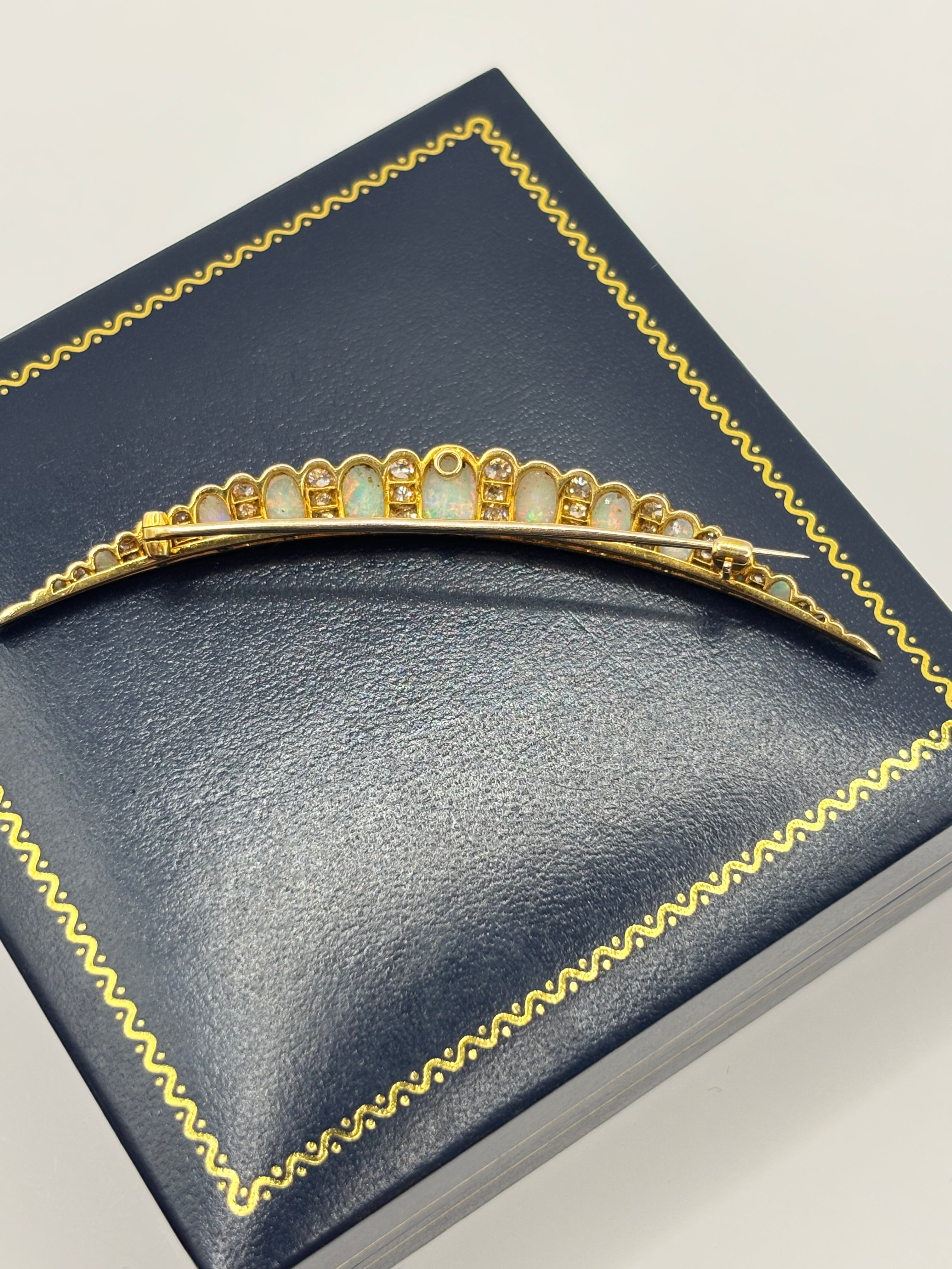Edwardian 18K Gold Opal & Old Mine Cut Diamond Crescent Brooch, circa 1900