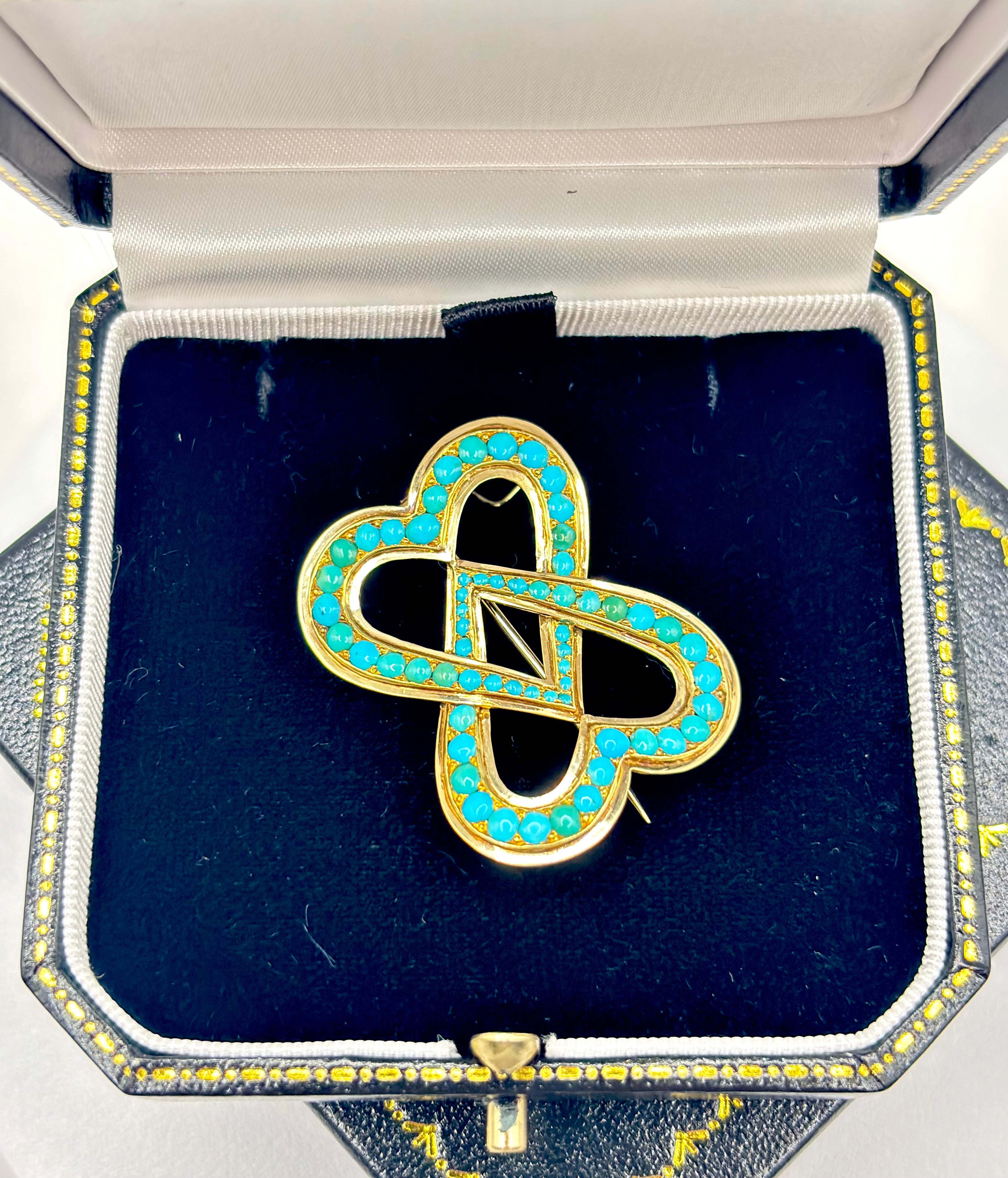 Victorian Turquoise 15ct Gold Double Heart Lover’s Knot Brooch, Circa 1880’s