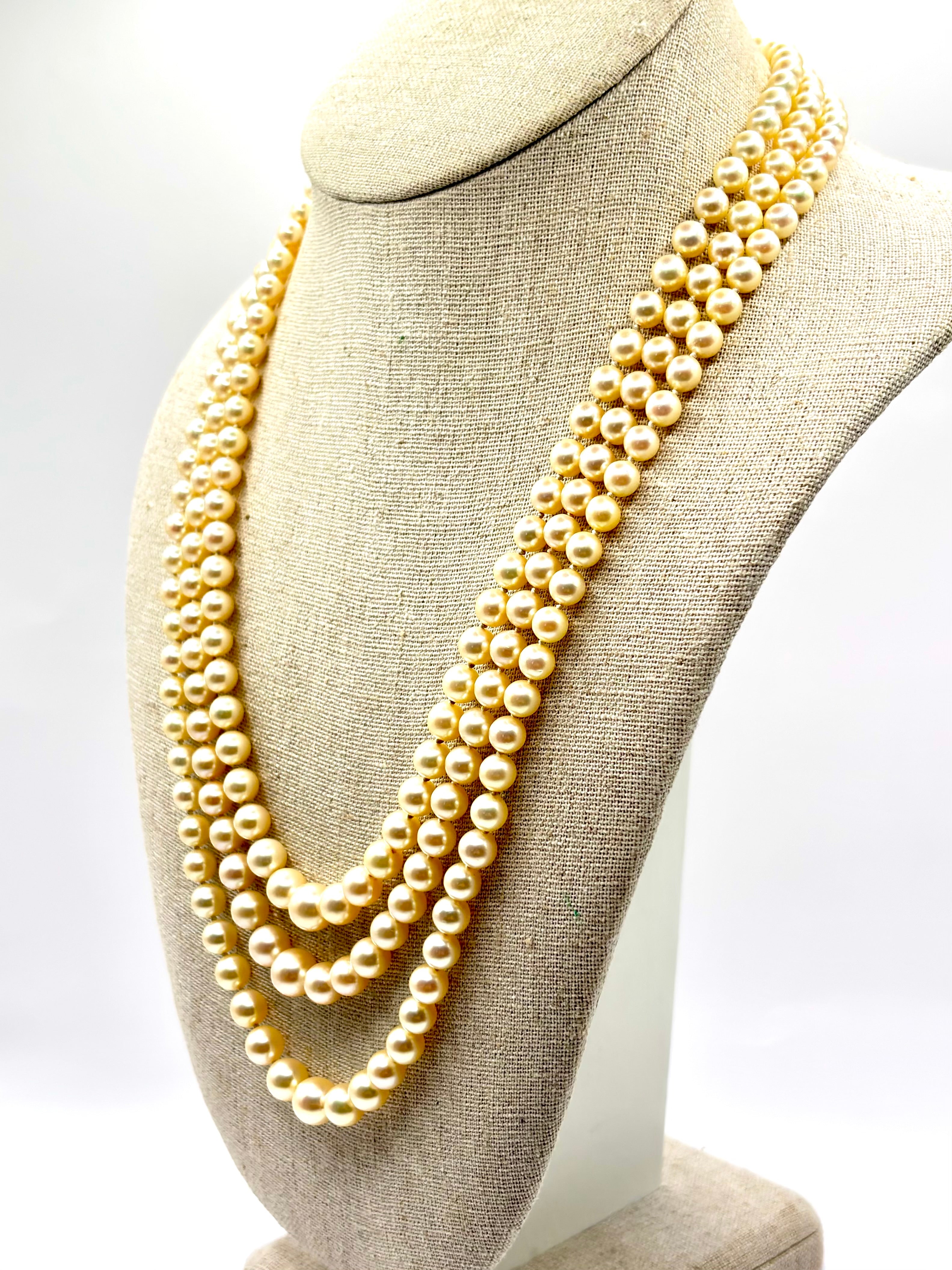 Vintage Triple-Strand Cultured Akoya Pearl Necklace 18K Carat Diamond Sapphire Bow Clasp, Circa 1960’s