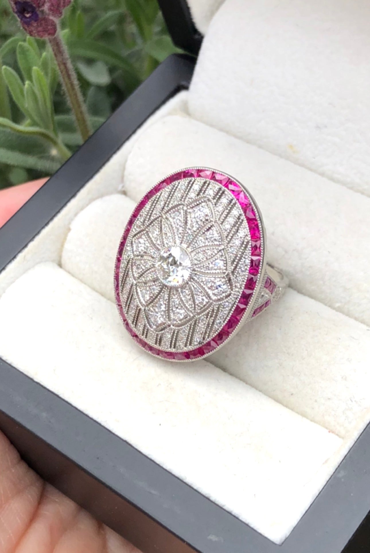 Art Deco Style Platinum Diamond, Calibre Ruby Plaque Ring, Old European Diamond 0.57 carats - overall diamond carat weight 2.07