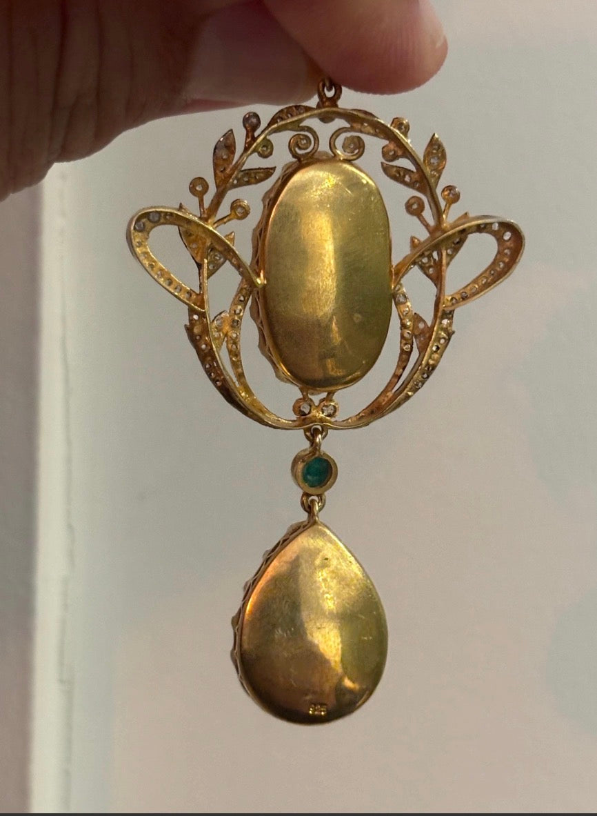 EDWARDIAN CABOCHON AMETHYST Diamonds and Emerald Silver Gilt Pendant