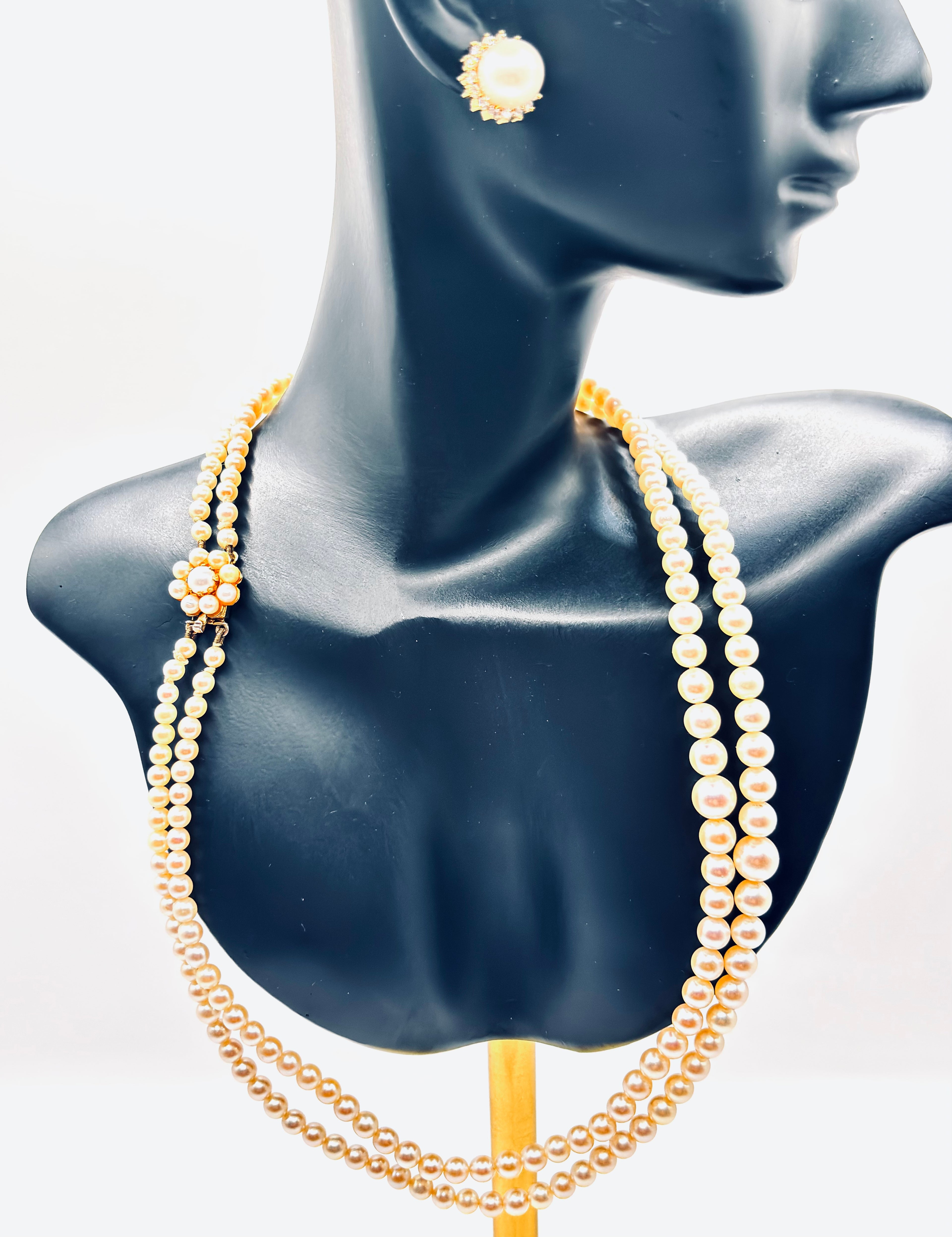 Vintage Double Strand Cultured Pearl Necklace, Graduated, Gold & Pearls Clasp