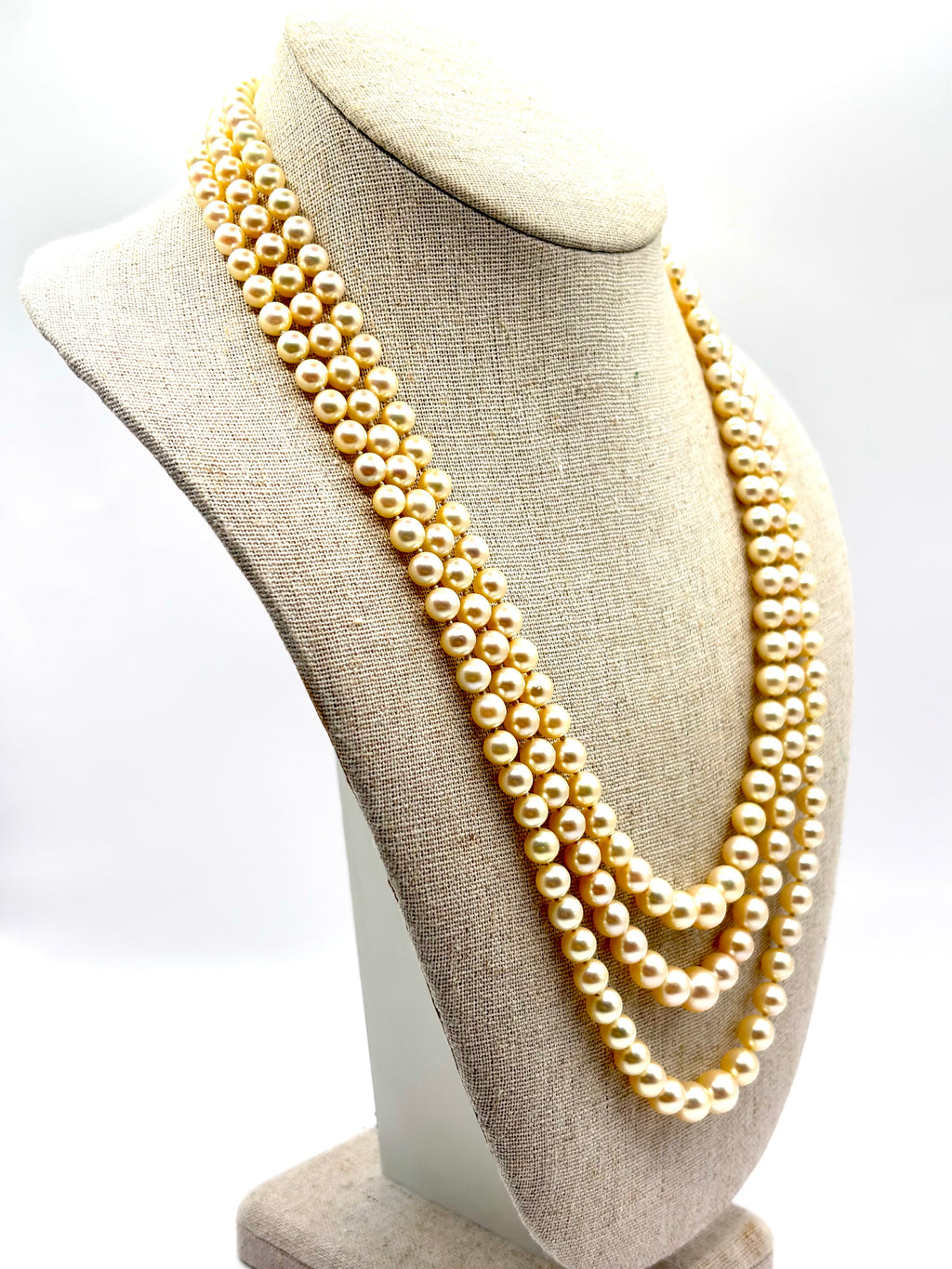 Vintage Triple-Strand Cultured Akoya Pearl Necklace 18K Carat Diamond Sapphire Bow Clasp, Circa 1960’s