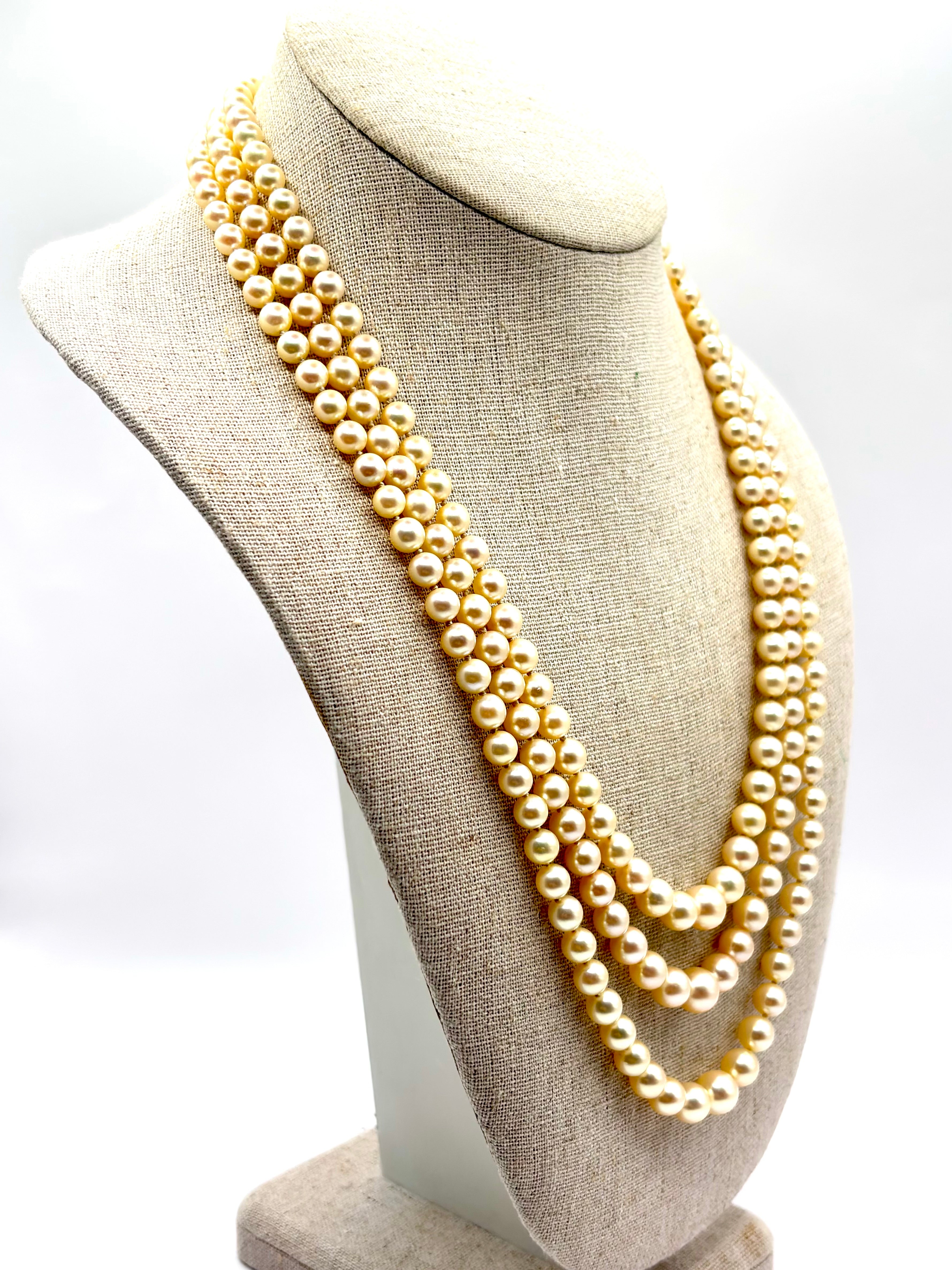 Vintage Triple-Strand Cultured Akoya Pearl Necklace 18K Carat Diamond Sapphire Bow Clasp, Circa 1960’s