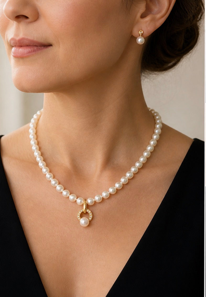 Mikimoto Cultured Akoya Pearl Necklace Suite, Diamond Pendant & Earrings, 18K Gold