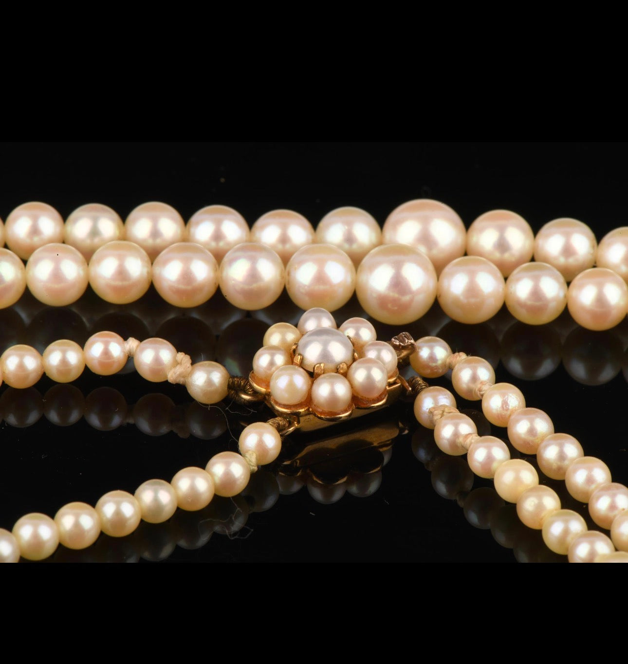 Vintage Double Strand Cultured Pearl Necklace, Graduated, Gold & Pearls Clasp
