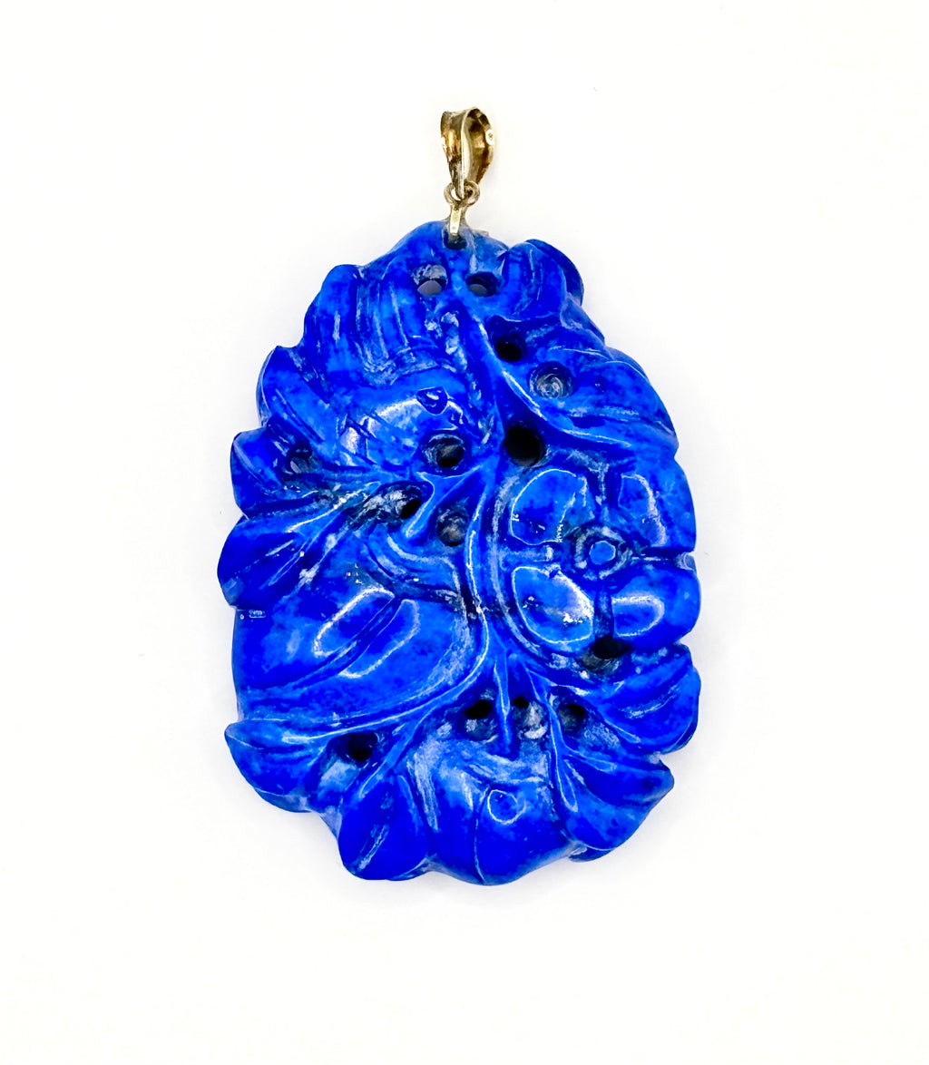 Large Double-Sided Carved Lapis Lazuli Pendant, Figural Bird Motif, Gold Bail