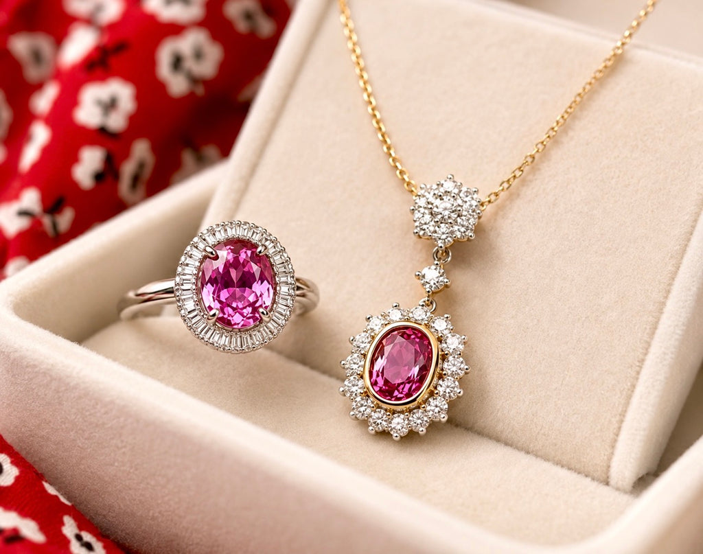 Natural Pink Sapphire Diamond Necklace and Ring Suite, GCS Certified