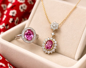 Natural Pink Sapphire Diamond Necklace and Ring Suite, GCS Certified