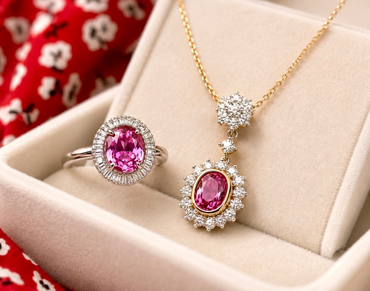 Natural Pink Sapphire Diamond Necklace and Ring Suite, GCS Certified