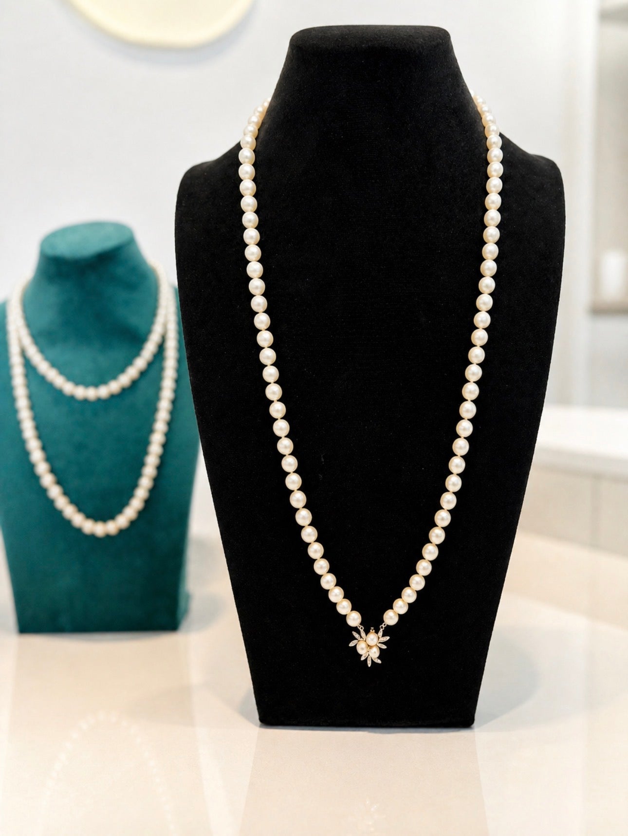 Akoya Cultured Pearl Opera Necklace 8.5–8.9mm Diamond and Gold Clasp Enhancer