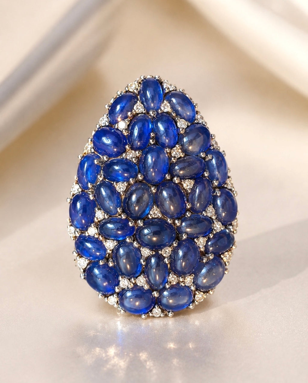 Natural Sapphire Cabochon and Diamond Statement Cocktail Ring, 13 Carats, 18K Gold & SIlver