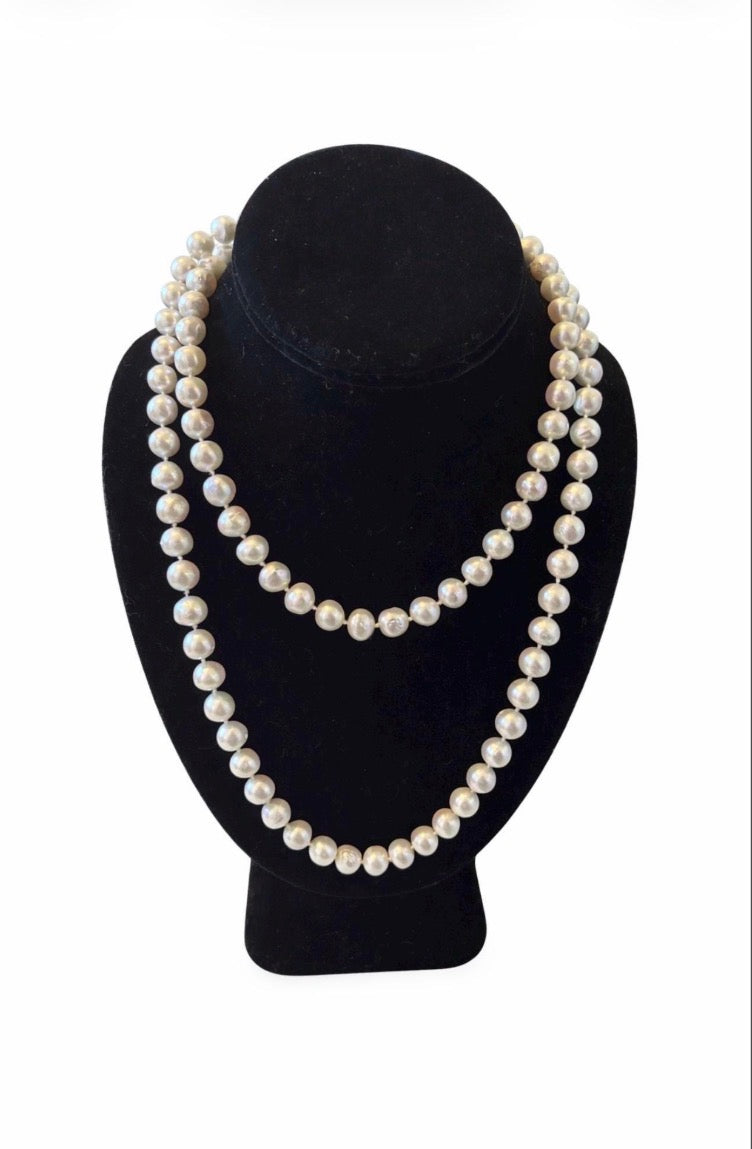 Long Grey Cultured Freshwater Pearl Opera Necklace, 8mm Knotted Strand, 14K Gold Clasp, 96cm