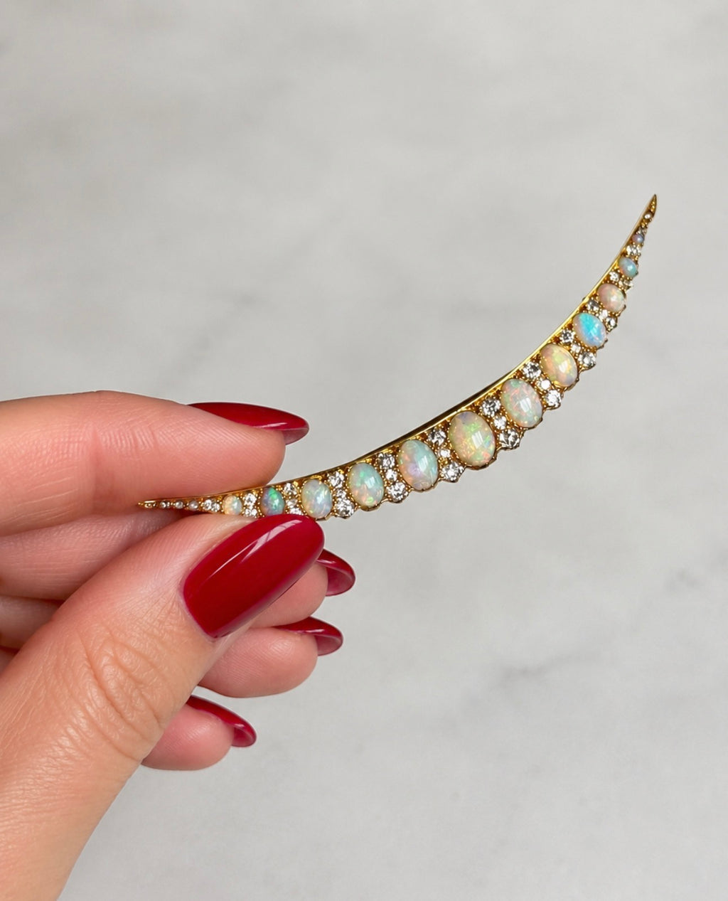 Edwardian 18K Gold Opal & Old Mine Cut Diamond Crescent Brooch, circa 1900