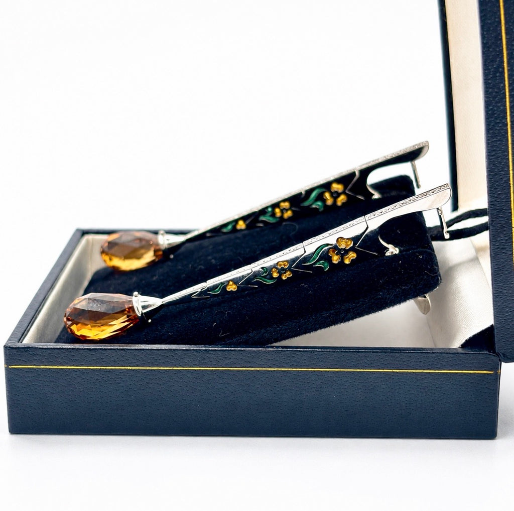 Long Architectural 18K Gold Citrine Briolette Diamond and Enamel Drop Earrings