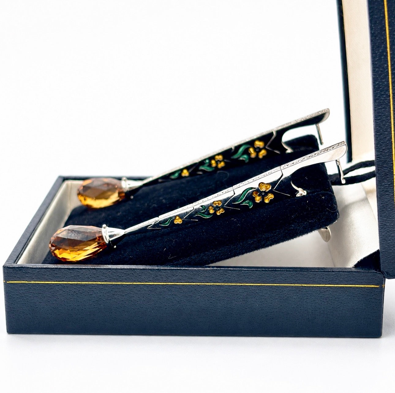 Long Architectural 18K Gold Citrine Briolette Diamond and Enamel Drop Earrings