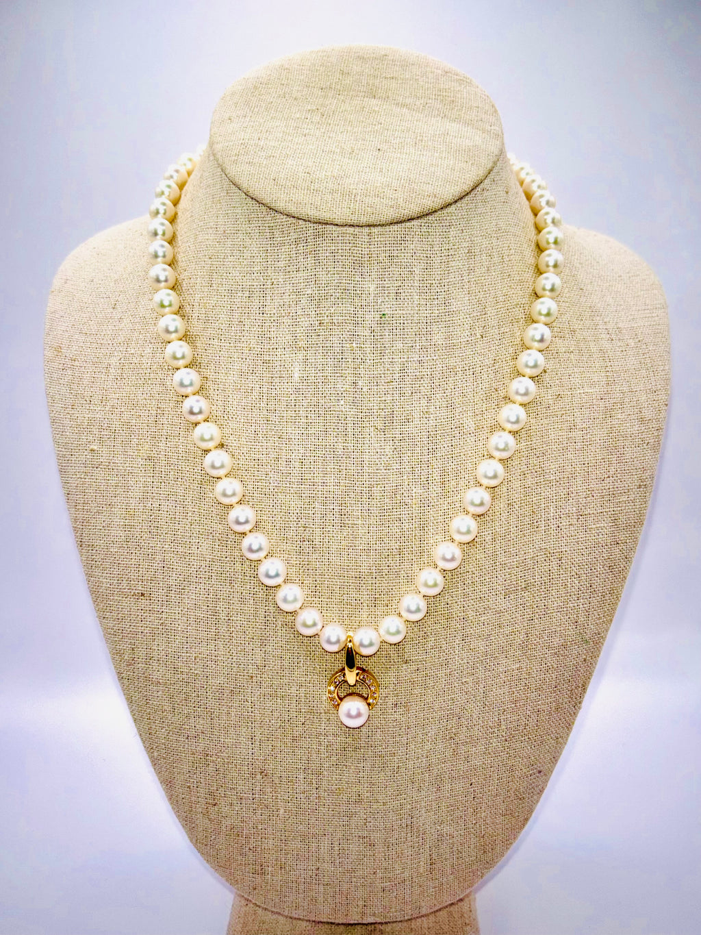 Mikimoto Cultured Akoya Pearl Necklace Suite, Diamond Pendant & Earrings, 18K Gold