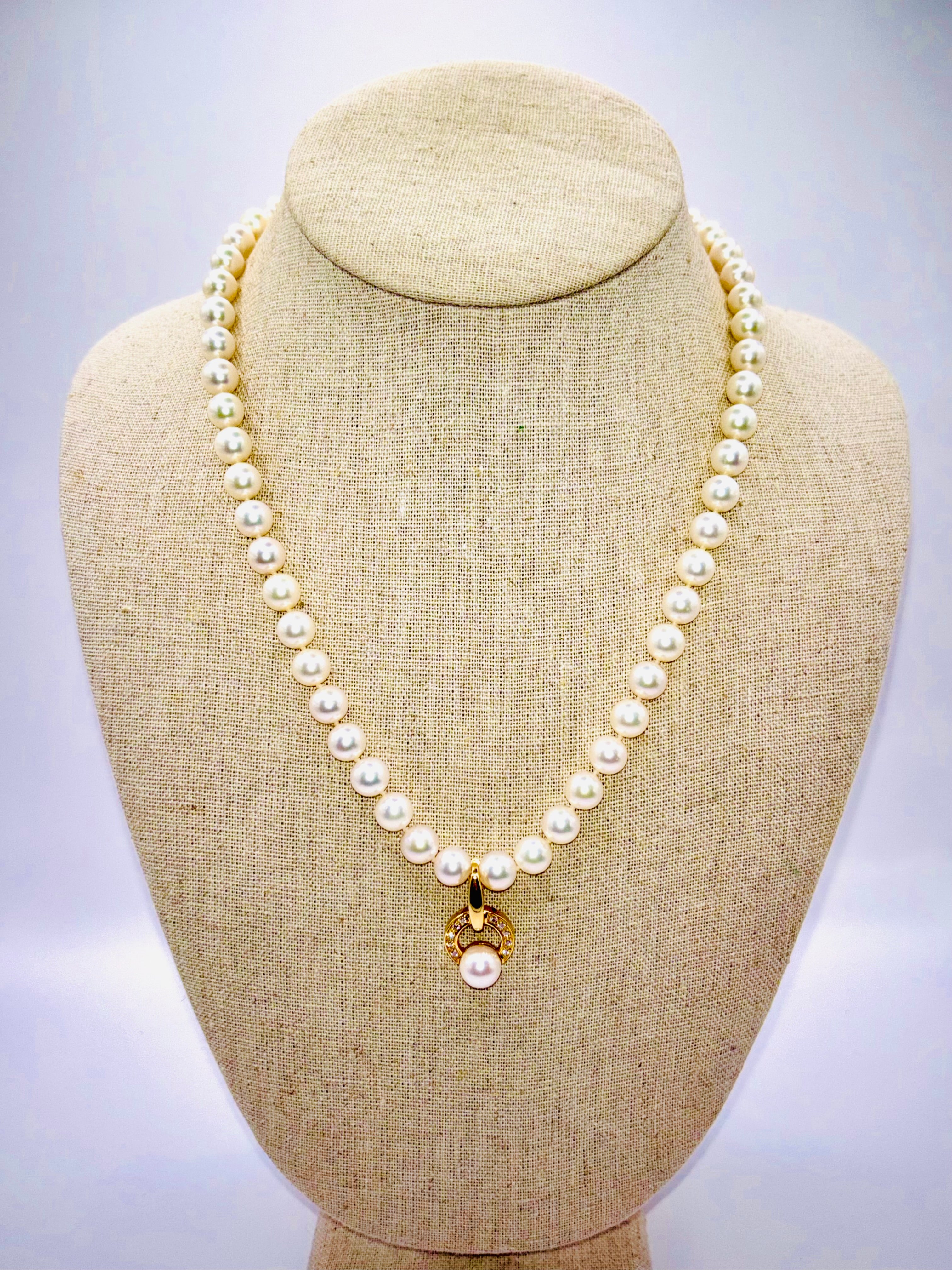 Mikimoto Cultured Akoya Pearl Necklace Suite, Diamond Pendant & Earrings, 18K Gold