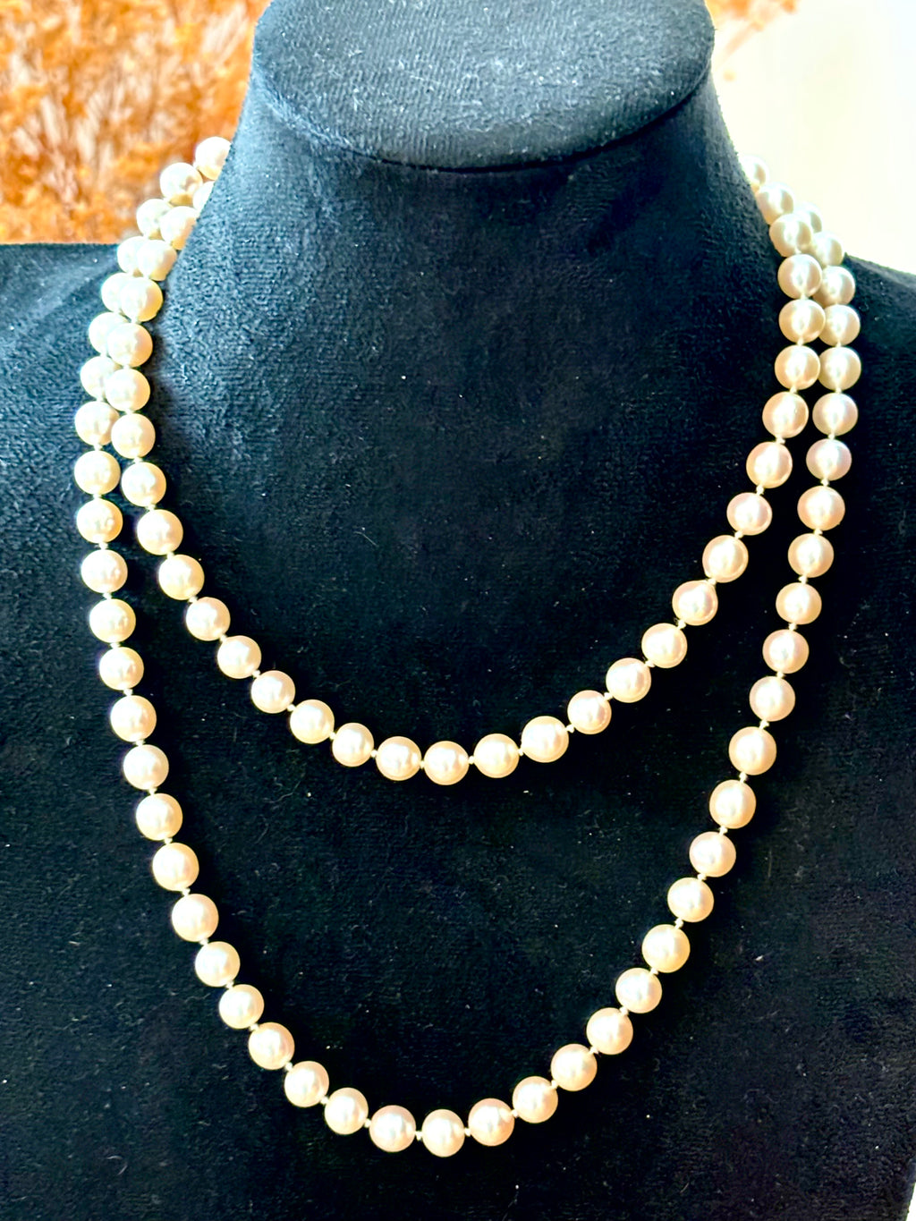 Exceptional Long Akoya Pearl Necklace, 97cm, 8mm Pearls, Hallmarked 18K Gold