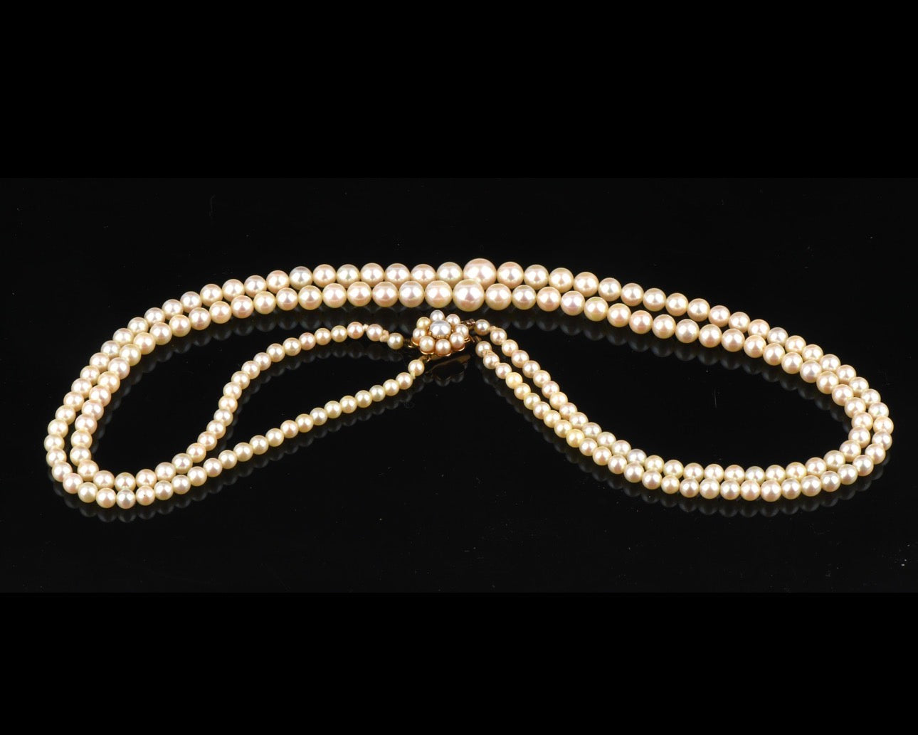 Vintage Double Strand Cultured Pearl Necklace, Graduated, Gold & Pearls Clasp