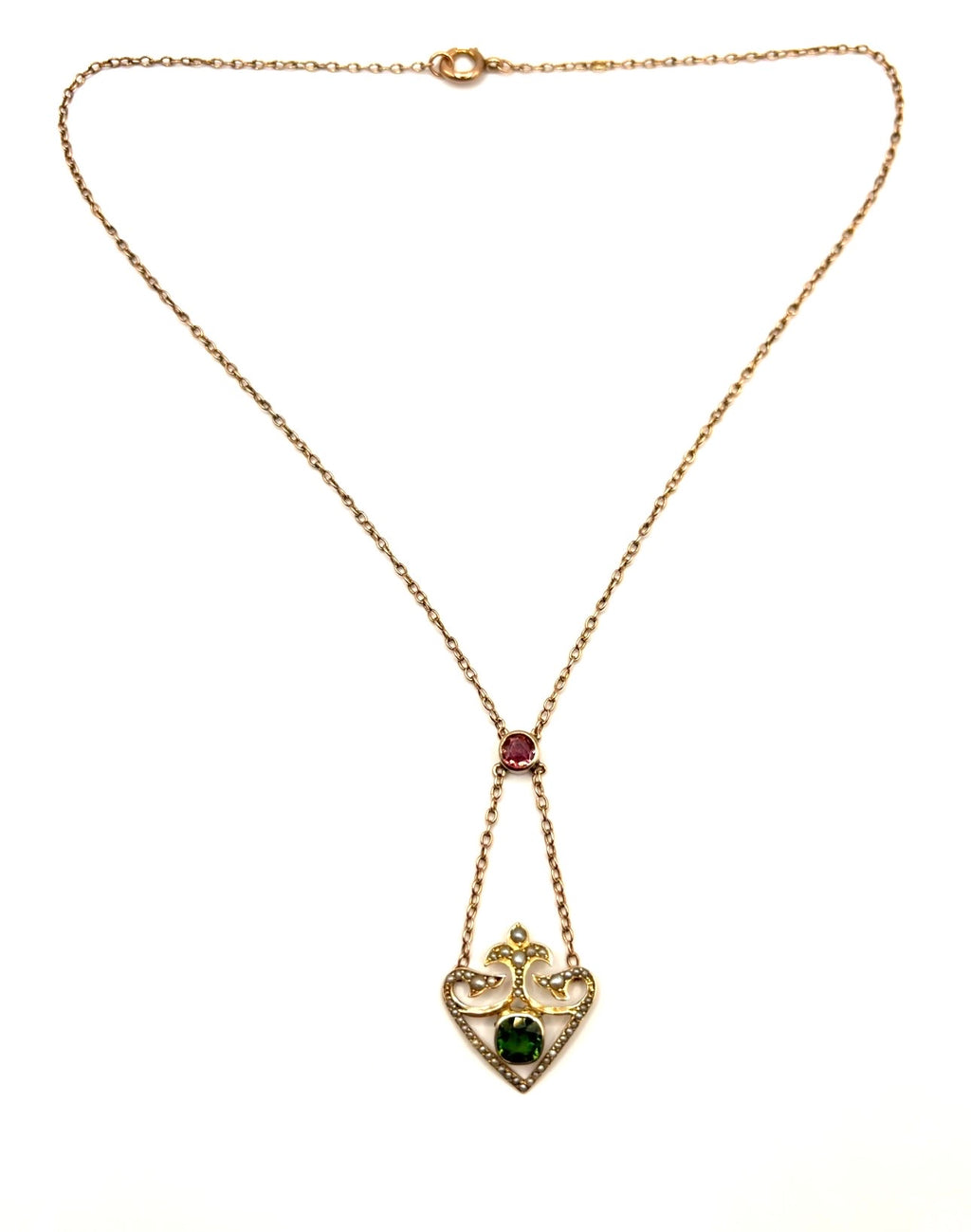 Edwardian 9ct Gold Pink & Apple Green Tourmaline Lavaliere Necklace with Pearls