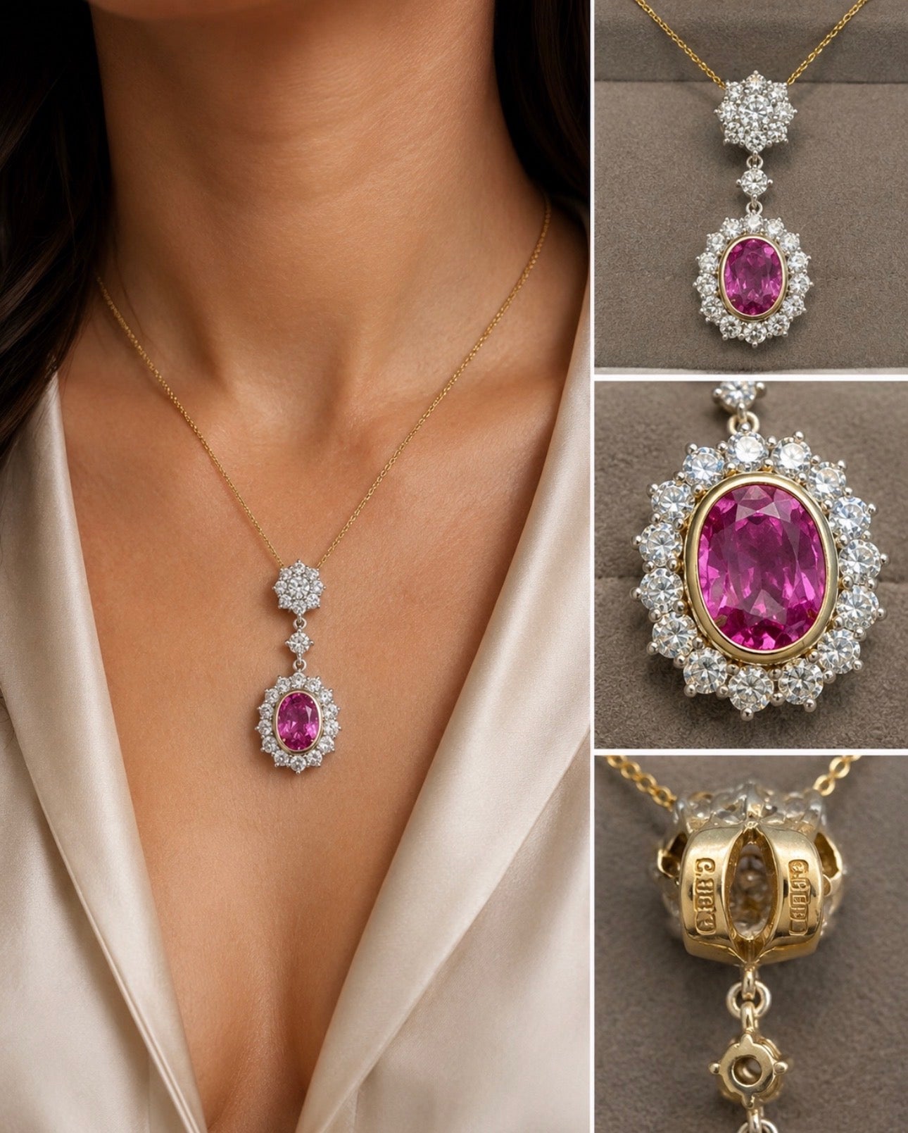 Certified Madagascar Pink Sapphire, Diamond Cluster Pendant Necklace 18K Gold