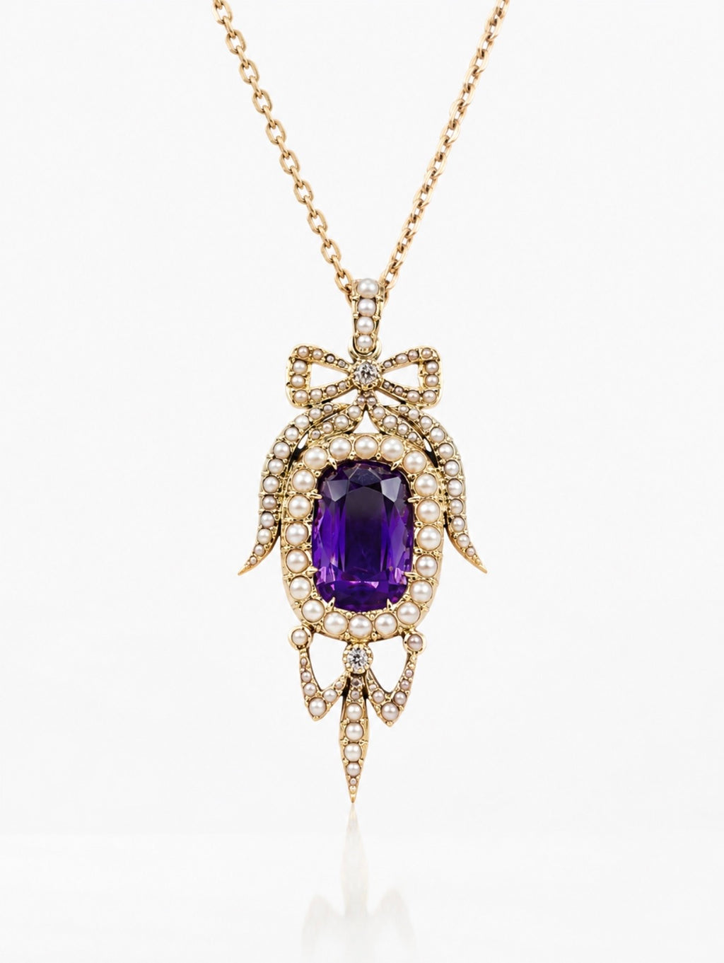 Antique Edwardian Amethyst Pearl Diamond Pendant Necklace in Gold.