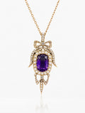 Antique Edwardian Amethyst Pearl Diamond Pendant Necklace in Gold.