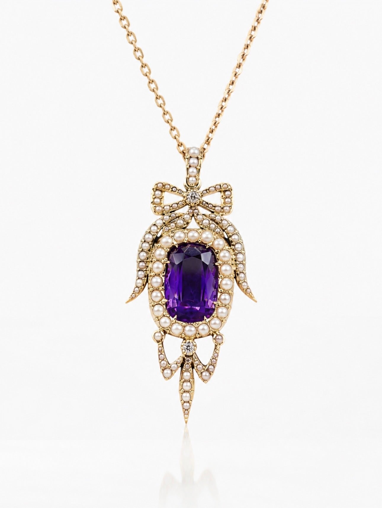 Antique Edwardian Amethyst Pearl Diamond Pendant Necklace in Gold.