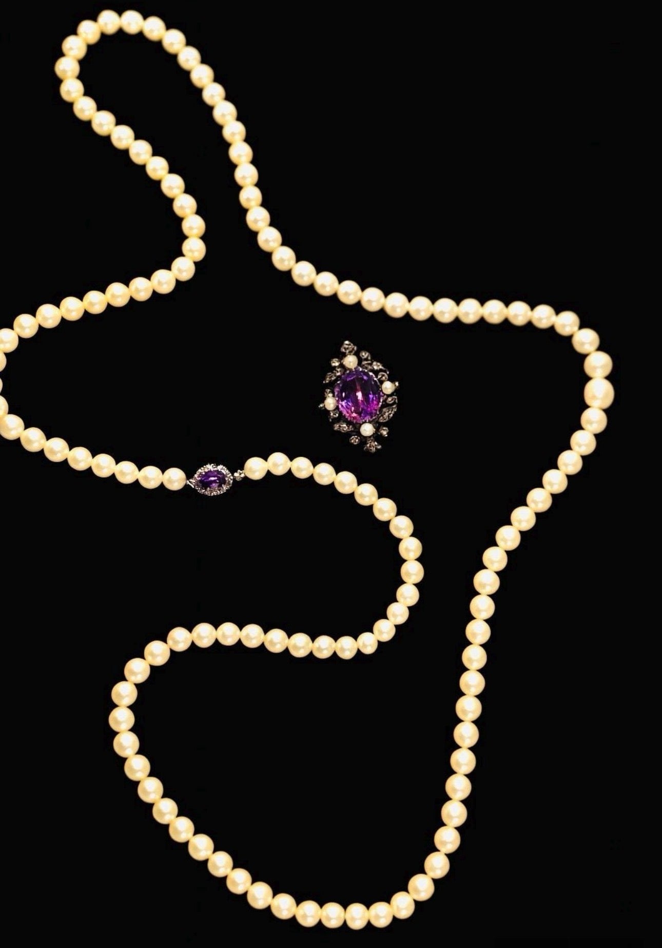 VINTAGE CULTURED PEARL Necklace with Diamonds & Amethyst White Gold Clasp