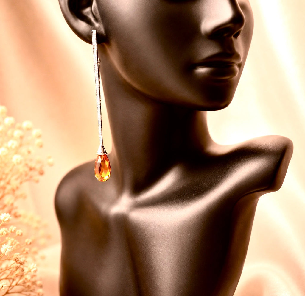 Long Architectural 18K Gold Citrine Briolette Diamond and Enamel Drop Earrings