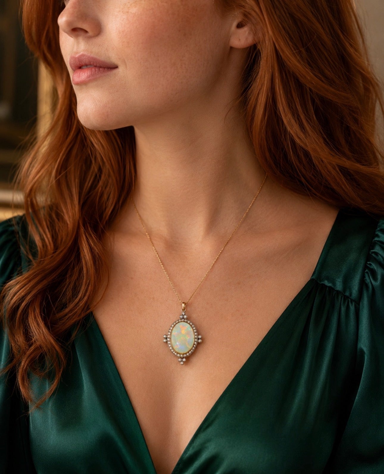 Vintage Edwardian Revival Opal and Diamond Pendant Necklace in 18K Gold with 18K Chain