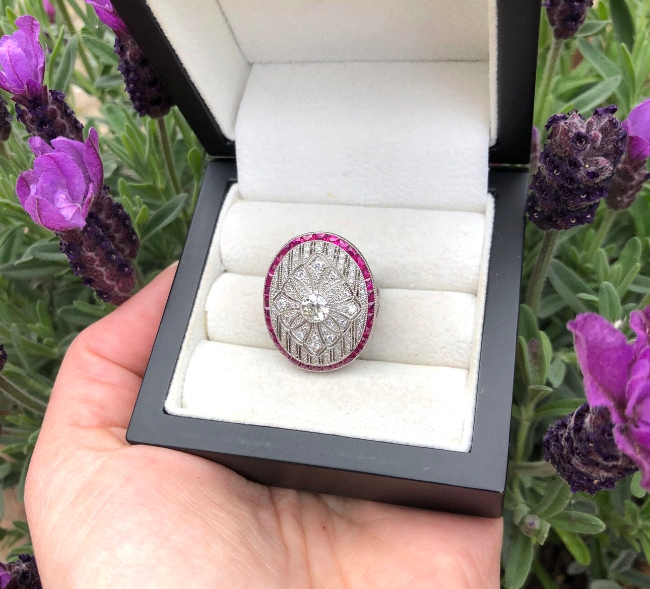 Art Deco Style Platinum Diamond, Calibre Ruby Plaque Ring, Old European Diamond 0.57 carats - overall diamond carat weight 2.07