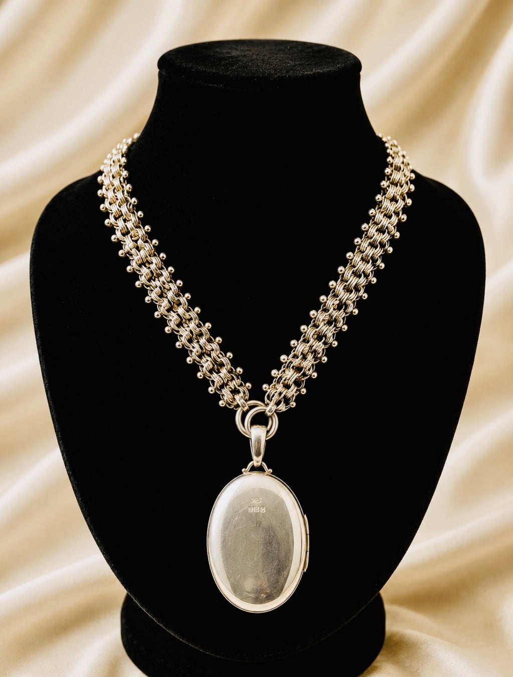 Antique Victorian Sterling Silver Book Chain Necklace with Original Oval Locket