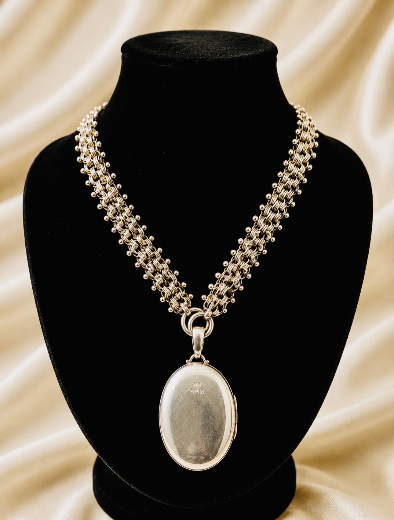 Antique Victorian Sterling Silver Book Chain Necklace with Original Oval Locket
