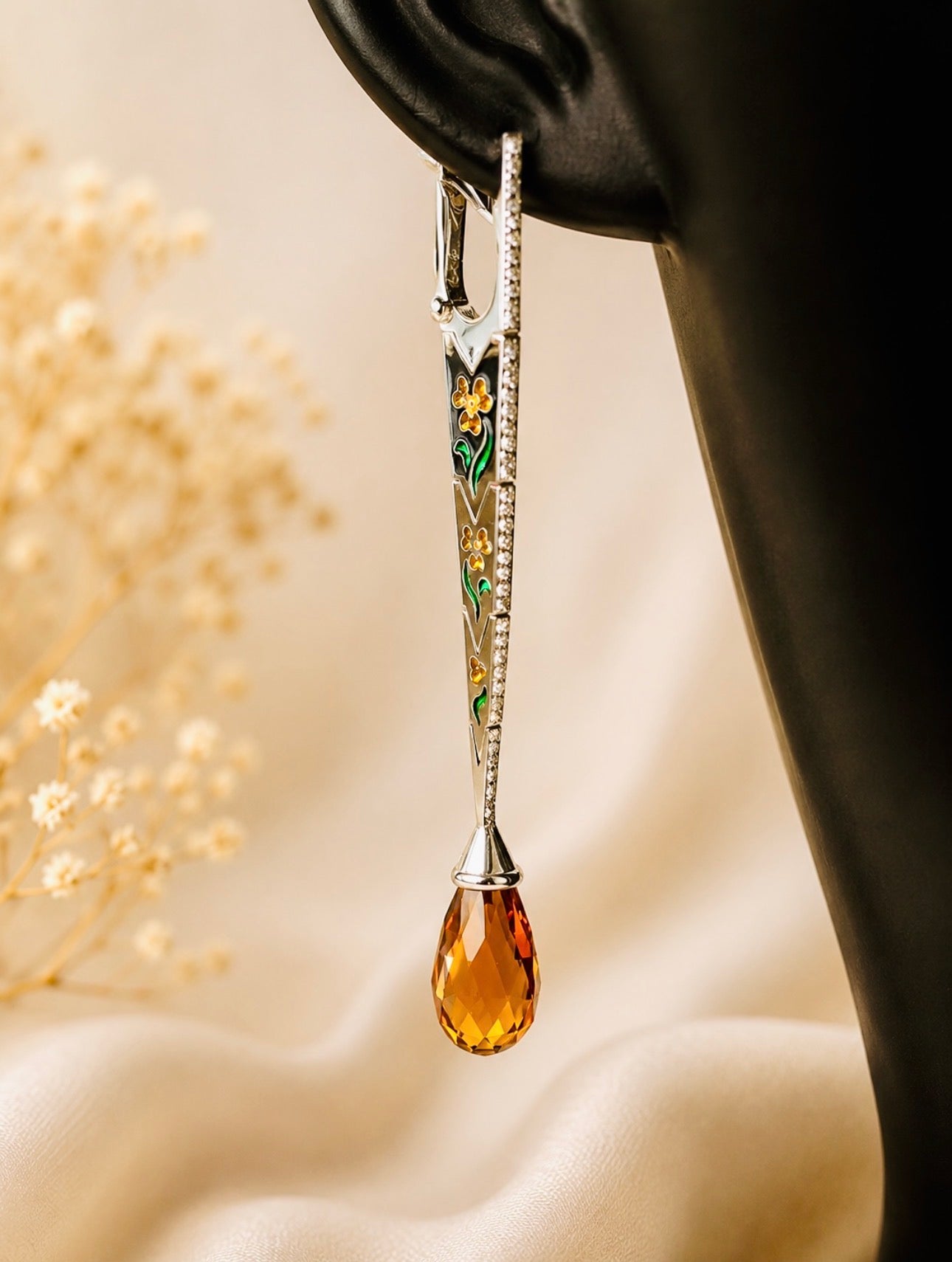 Long Architectural 18K Gold Citrine Briolette Diamond and Enamel Drop Earrings