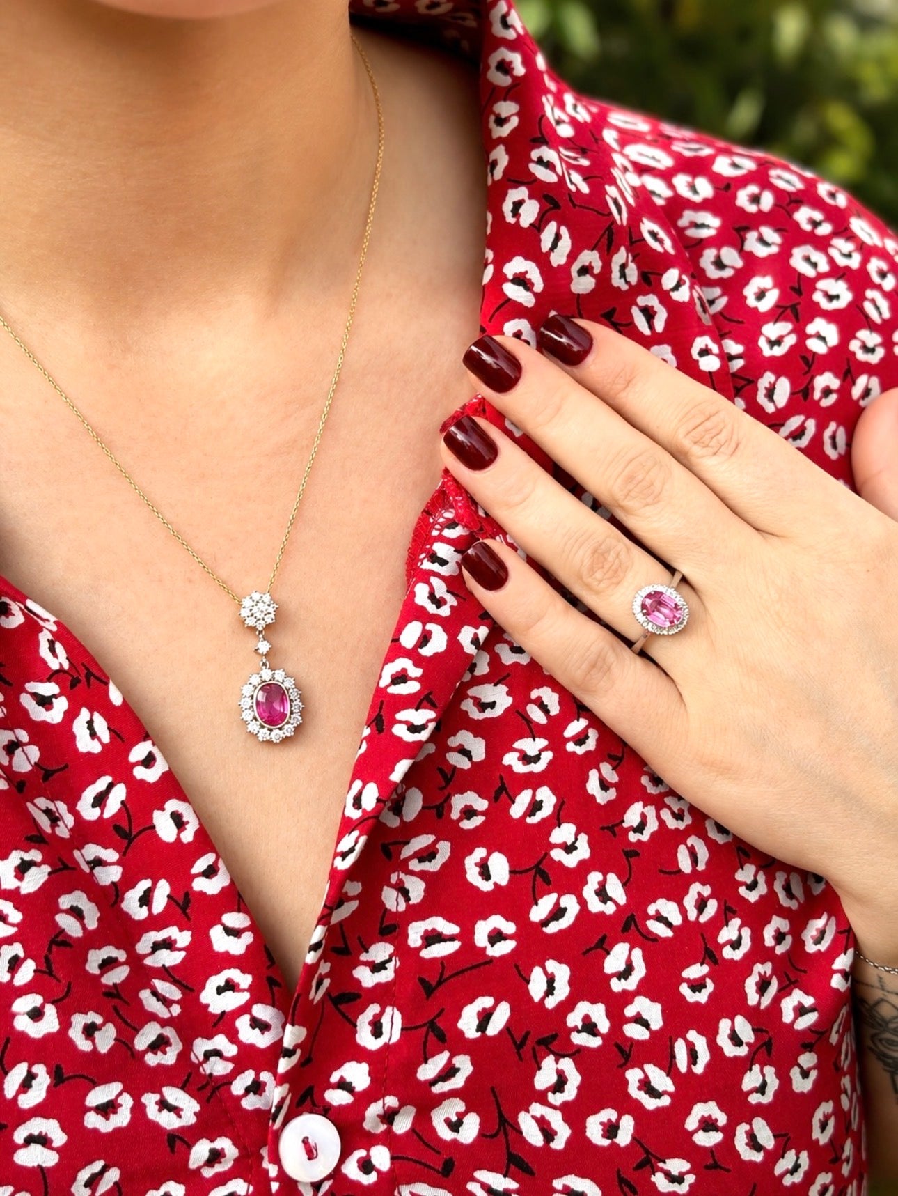 Natural Pink Sapphire Diamond Necklace and Ring Suite, GCS Certified