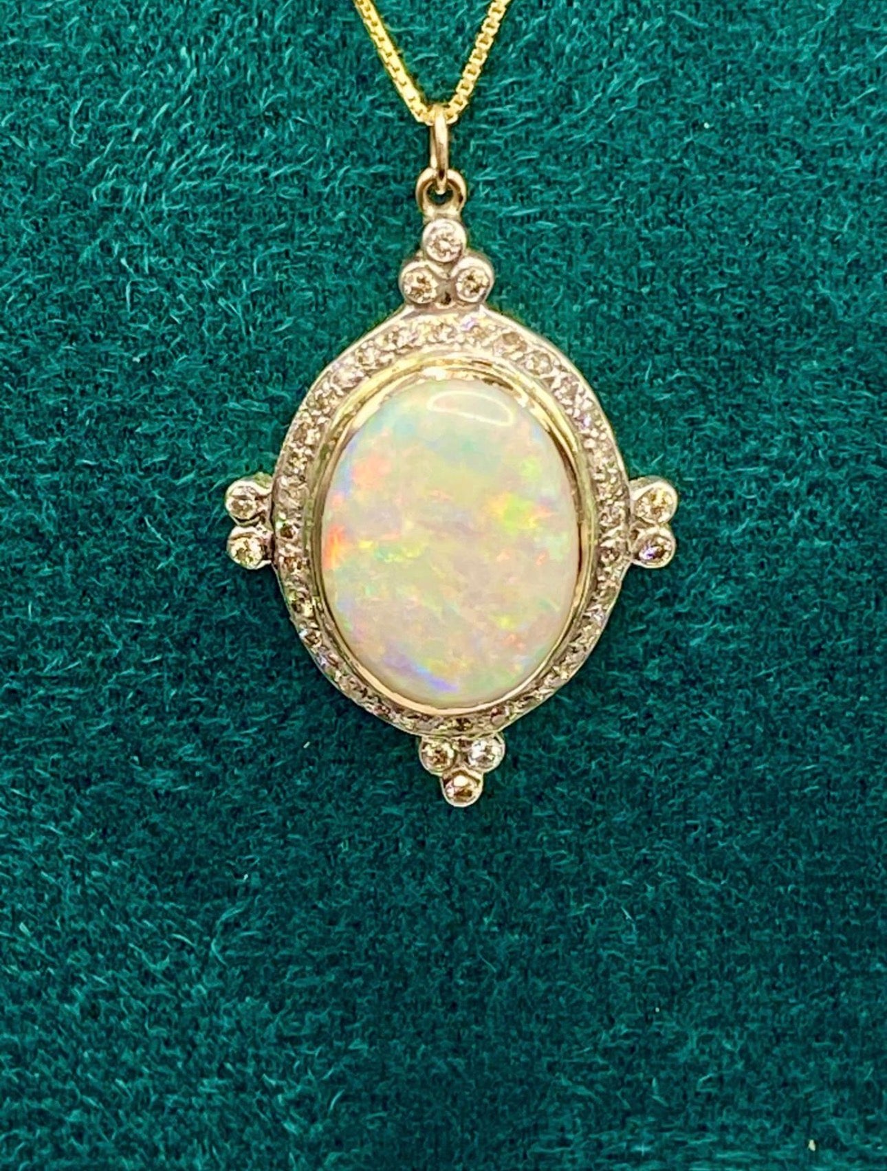 Vintage Edwardian Revival Opal and Diamond Pendant Necklace in 18K Gold with 18K Chain