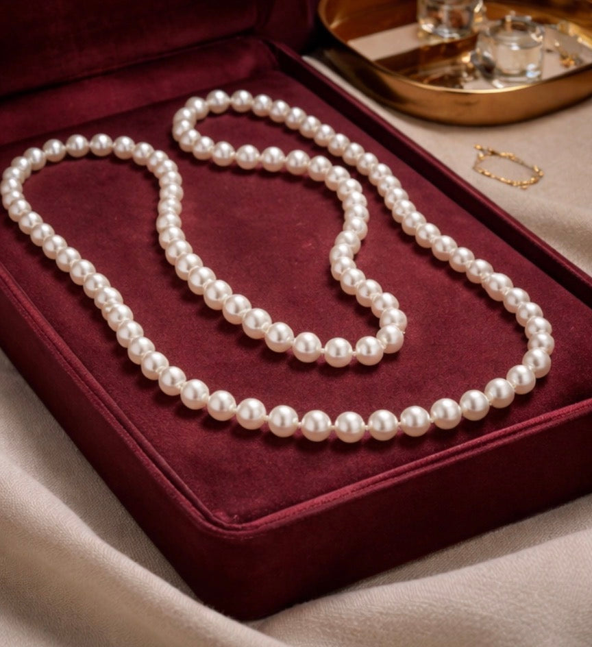 Akoya Cultured Pearl Long Necklace, 45cm (90cm overall) Opera Length, 7.1–7.3mm 120-125 pearls, White Strand with pink overtones