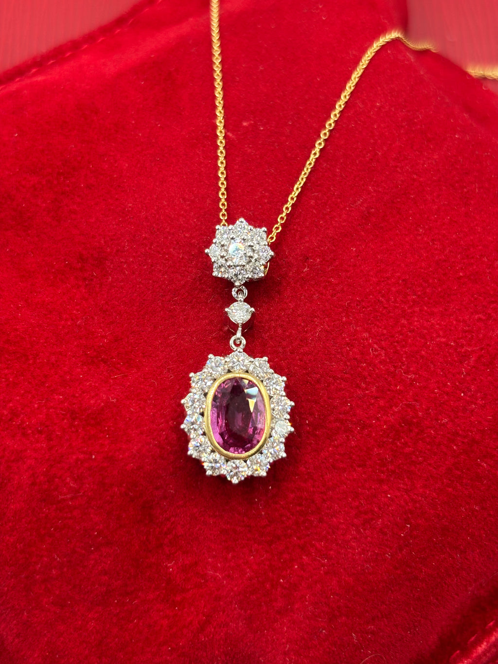 Certified Madagascar Pink Sapphire, Diamond Cluster Pendant Necklace 18K Gold