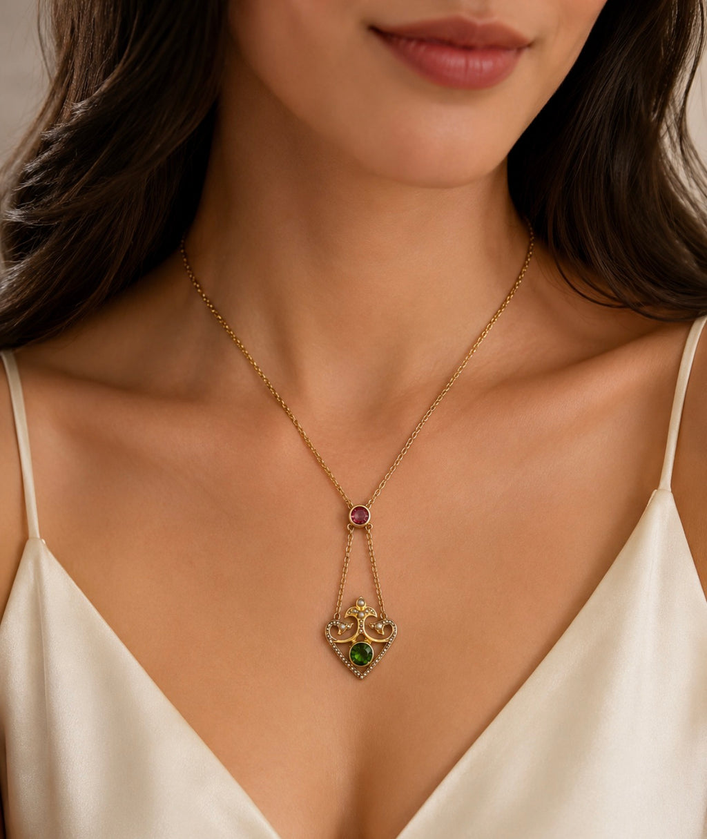 Edwardian 9ct Gold Pink & Apple Green Tourmaline Lavaliere Necklace with Pearls