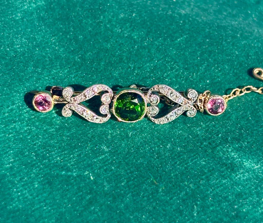 Edwardian Green & Pink Tourmaline and Diamond Bar Brooch, Circa 1900, 14K Gold